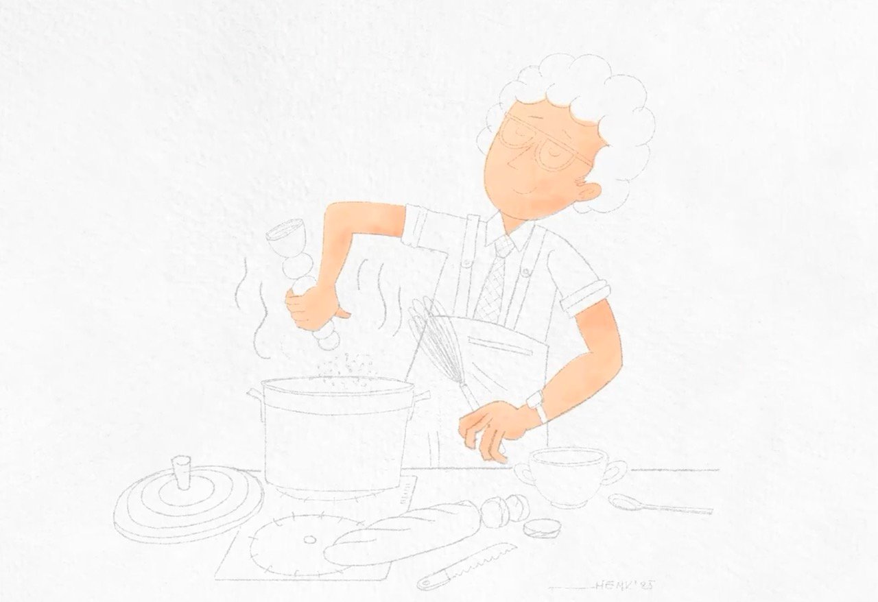 Schets en eerste kleurvlakken van De vrolijke kok